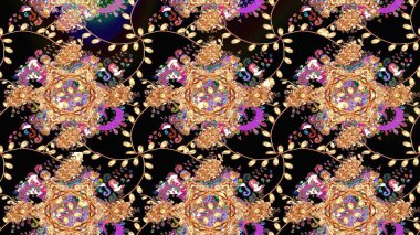 Düz Çiçek Elementleri Tasarım Raster illüstrasyonu. Siyah renkli çiçekler. Renkli Bahar temalı eskiz kalıbı. Çiçekli çiçek deseni, suluboya..