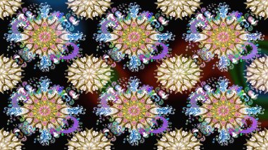 Raster illüstrasyonu. Kıvırcık, parlak örgü. Çiçek çelengi. Şablon, pürüzsüz, çiçekli kenar. Güzel, parlak, pürüzsüz kumaş, tuval. Klasik eski arkaplan.