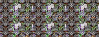 Çok renkli, zarif küçük çiçekler ve gri renkli komik böcekler, raster desen, illüstrasyon.