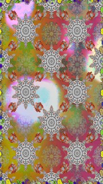 Raster - stok. Kusursuz bir arka plan modeli. Yapraklı çiçekler ve kır ve nötr renklerde papatya çiçekleri..