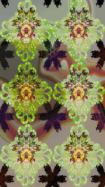 Raster çiçek desenleri çiziyor. Vadinin çiçekleri tarafsız ve yeşil renklerde.