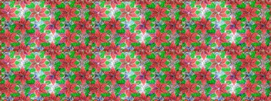 Kusursuz bir geçmişi var. Kumaş, tekstil, duvar kağıdı baskısı için. Raster illüstrasyonu. Renkli desenli, pembe ve yeşil çiçekli ve dekoratif elementli kusursuz desen. Antika retro tarzı.