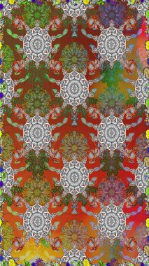 Raster illüstrasyonu. Raster illüstrasyonu. Kusursuz çiçek deseni. Asya tekstil tarzında. Kahverengi renkte çiçekler.