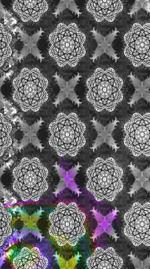 Gri renkli etnik çiçekli zarif eskiz deseni. Asya Tekstil 'inde Raster Çiçek İllüstrasyonu.