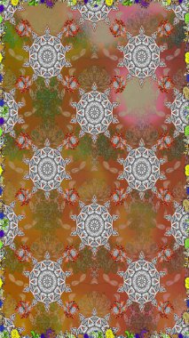 Çiçekli güzel suluboya desen. Raster illüstrasyonu. Kahverengi ve gri renklerde.