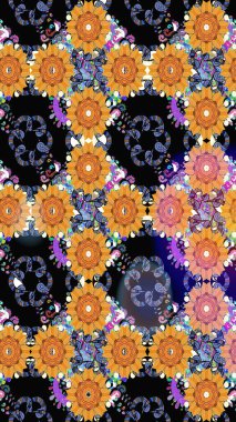 Parlak renkli çiçekli ve siyah yapraklı harika bir çiçek deseni. Moda baskıları için zarif bir şablon. Modern çiçek arkaplanı. Halk stili.