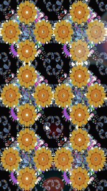 Raster düz çiçek çizim deseni. Hediye ambalaj kağıdı, tebrik kartları, posterler ve pankart tasarımı. Siyah renkte çiçekler.