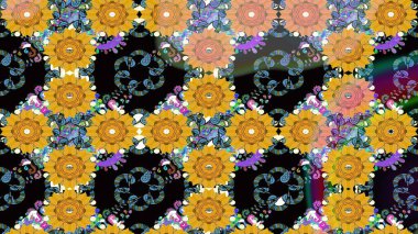 Kusursuz çiçek deseni duvar kâğıdı olarak kullanılabilir. Raster illüstrasyonu. Sarı ve siyah renkte çiçekler.