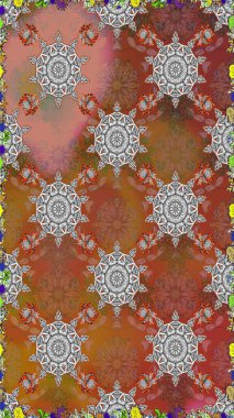 Kabile sanatı boho baskısı, klasik çiçek arkaplanı. Soyut etnik raster kusursuz desen. Arkaplan dokusu, duvar kağıdı, kahverengi renkli çiçek teması.