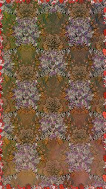 Dallı bahar çiçekleriyle desen, kahverengi ve çiçekli siluet bej renkler. Raster deseni.