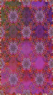 Raster illüstrasyonu. El çizimi çiçekli, soyut, pürüzsüz desen. Mor ve kahverengi renkte çiçekler.