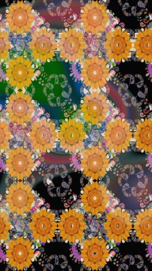 Çiçek desenli çizim. Raster illüstrasyonu. Asya tekstil tarzında. Turuncu renkli çiçekler. Raster illüstrasyonu.