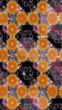 Raster suluboya çiçek deseni, narin çiçekler, turuncu çiçekler, tebrik kartı şablonu. Güzel kumaş deseni.