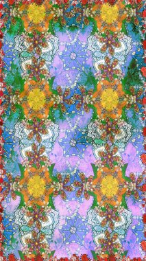 Çiçeksiz desenli, suluboya elle çizilmiş elementler. Parlak renkli fantezi çiçekleri, yapraklar, tarafsız renklerde tomurcuklar.