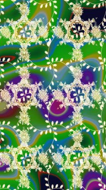 1950-1960 motifleri. El çizimi çiçek unsurları olan soyut çizim raster deseni. Yeşil yeşile. Retro tekstil tasarım koleksiyonu. Çiçekli ipek eşarp..