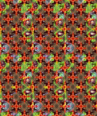 1950-1960 motifleri. Kırmızının üstüne kırmızı. Retro tekstil tasarım koleksiyonu. Çiçekli ipek eşarp. El çizimi çiçek elementleri ile soyut çizim raster deseni.