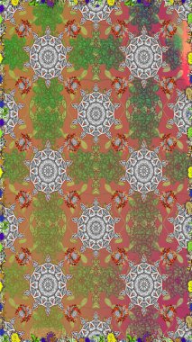 Kahverengi ve gri zarif küçük çiçekler ve kahverengi ve gri renkli komik böcekler, raster desen, illüstrasyon.