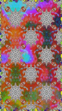 Kusursuz çiçek deseni. Düz Çiçek Elementleri Tasarımı. Raster illüstrasyonu. Renkli Bahar Temalı Kusursuz Arkaplan. Güzel kumaş deseni. Asya tekstil tarzında.