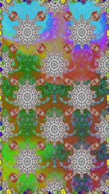 Yapraklı çiçekler ve yeşil ve gri renkli papatya çiçekleri. Raster - stok. Kusursuz arkaplan deseni.