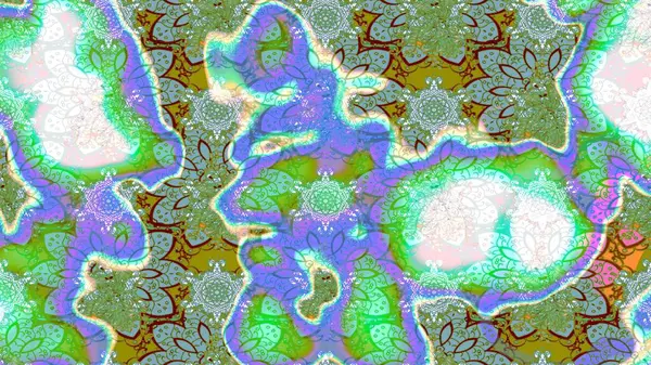 Çiçek desenli çizim. Asya tekstil tarzında. Yeşil renkli çiçekler. Raster illüstrasyonu. Raster illüstrasyonu.