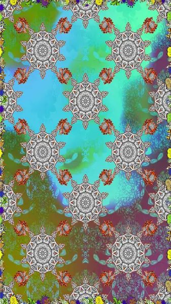 Kusursuz etnik tasarım. Yatak çarşafları, ceket, paket tasarımı, kumaş ve moda kavramları için tekstil baskısı. Çiçekleri, deniz kabukları, mandalaları ve suluboya efektleri olan deniz altyapısı.