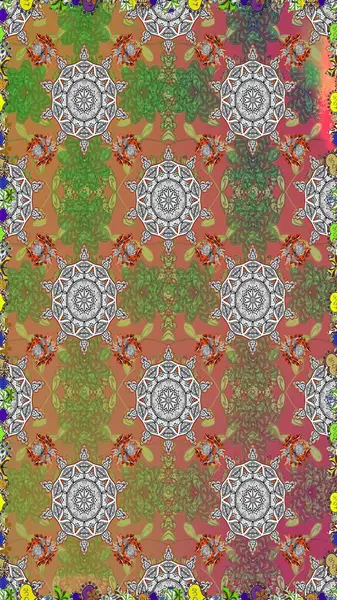 Kahverengi ve gri zarif küçük çiçekler ve kahverengi ve gri renkli komik böcekler, raster desen, illüstrasyon.