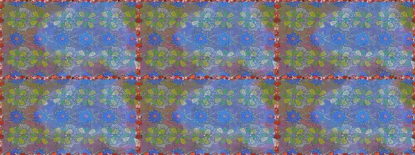 Düz Çiçek Elementleri Tasarımı. Renkli Bahar Temalı Kusursuz Arkaplan. Mavi ve gri renkte çiçekler. Raster illüstrasyonunda kusursuz çiçek deseni.