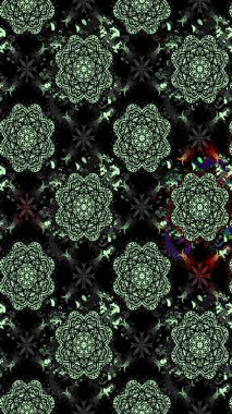 Renkli desenli eskiz deseni, siyah çiçekler ve dekoratif elementlerle. Eskiz geçmişi. Raster illüstrasyonu. Kumaş, tekstil, duvar kağıdı baskısı için. Antika retro tarzı.