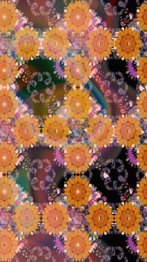 Çiçek desenli çizim. Raster illüstrasyonu. Asya tekstil tarzında. Turuncu renkli çiçekler. Raster illüstrasyonu.