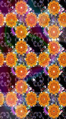 Çiçeksel fantezi tasarımı ve parlak bir arka plan çizimi. Renkli Bahar Teması eskiz kalıbı. Düz Çiçek Elementleri Tasarımı.