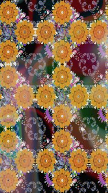 3D çiçekler, eskiz. Raster illüstrasyonu. Kahverengi renklerde.