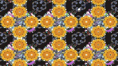 Gri renkli çiçekler. Düz Çiçek Elementleri Tasarımı. Renkli Bahar Teması eskiz kalıbı. Asya tekstil tarzında. Raster illüstrasyonu. Çiçek desenini çiz.