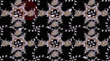 Çok renkli, zarif küçük çiçekler ve siyah renkli komik böcekler, raster desen, illüstrasyon..