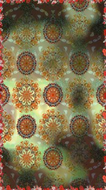 Çiçeklerle suluboya desenli çiçek deseni. Raster illüstrasyonu. Kahverengi ve nötr renklerde Asya tekstili.