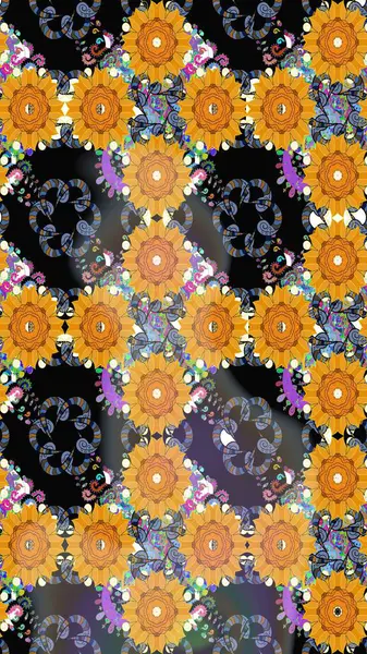 El çizimi çiçekli soyut çizim kalıbı. Raster illüstrasyonu. Sarı renkte çiçekler.