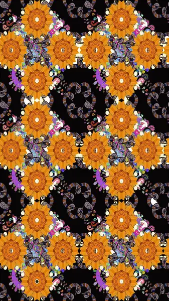 Eskiz klasiği. Raster Şirin kumaş deseni. Renkli Bahar Teması eskiz kalıbı. Düz Çiçek Elementleri Tasarımı.