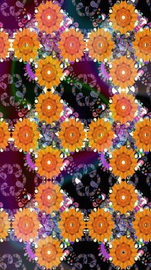 Çiçeksel fantezi tasarımı ve parlak bir arka plan çizimi. Renkli Bahar Teması eskiz kalıbı. Düz Çiçek Elementleri Tasarımı.