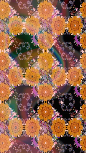 Çiçek desenli çizim. Raster illüstrasyonu. Asya tekstil tarzında. Turuncu renkli çiçekler. Raster illüstrasyonu.