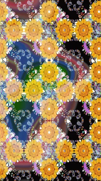 Çiçekli karalama şeklinde Raster çiçek deseni. Nazikçe, sarı renkte yaz çiçekleri. Raster illüstrasyonu.