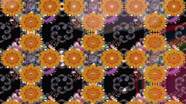 Modern çiçek arkaplanı. Renkli çiçekleri ve turuncu yaprakları olan harika bir çiçek deseni. Moda baskıları için zarif bir şablon. Halk stili.