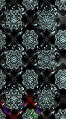 Çiçekli ipek eşarp. El çizimi çiçek unsurları olan soyut çizim raster deseni. 1950-1960 motifleri. Retro tekstil tasarım koleksiyonu. Siyah üstüne siyah..