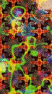 Siyah renkli etnik çiçeklerle süslenmiş zarif bir eskiz şekli. Asya Tekstil 'inde Raster Çiçek İllüstrasyonu.