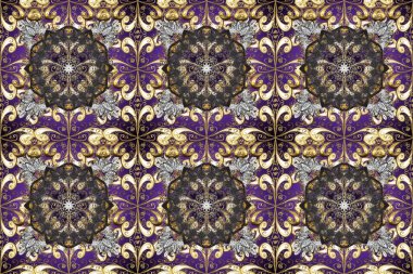 Duvar kâğıdı için altın süslü bir illüstrasyon. Süslü dantel iz sürücü. Çiçekli süslemeli, pürüzsüz bir desen. Doğu tarzında klasik tasarım öğesi. Gri, kahverengi ve bej renklerde Arapça dekoru.