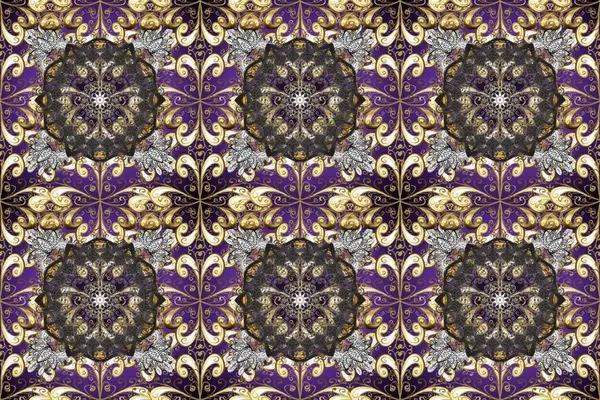 Duvar kâğıdı için altın süslü bir illüstrasyon. Süslü dantel iz sürücü. Çiçekli süslemeli, pürüzsüz bir desen. Doğu tarzında klasik tasarım öğesi. Gri, kahverengi ve bej renklerde Arapça dekoru.