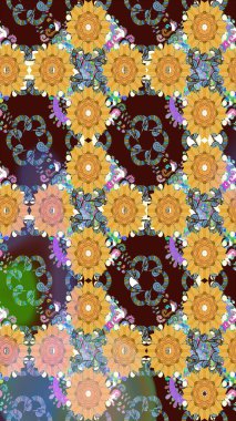 Elle çizilmiş çiçek desenli Raster çizimi. Tekstil, kumaş, ambalaj, hatıra defteri için hoş bir çiçek arkaplanı. Çocuksu tasarım. Kahverengi arkaplanda.