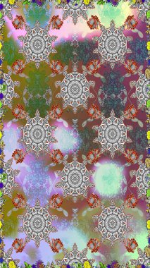 Eski moda arka plan. Şablon, pürüzsüz, çiçekli kenar. Raster illüstrasyonu. Çiçek çelengi. Güzel, parlak, pürüzsüz kumaş, tuval. Kıvırcık, parlak örgü.