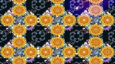 Raster Illustrasyon 'daki Çiçek Deseni' nin son moda çizimi. Güzel kumaş deseni. Düz Çiçek Elementleri Tasarımı. Renkli Yaz Teması çizim şablonu.