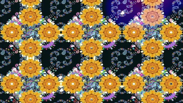 Raster Illustrasyon 'daki Çiçek Deseni' nin son moda çizimi. Güzel kumaş deseni. Düz Çiçek Elementleri Tasarımı. Renkli Yaz Teması çizim şablonu.