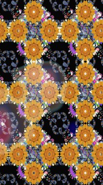 Raster illüstrasyonundaki çiçek desenli çizim. Siyah renkli çiçekler. Renkli Bahar Teması eskiz kalıbı. Düz Çiçek Elementleri Tasarımı.