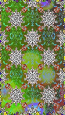 Raster illüstrasyonunda kusursuz çiçek deseni. Yeşil ve gri renkli çiçekler. Düz Çiçek Elementleri Tasarımı. Renkli Bahar Teması Kusursuz Arkaplan.